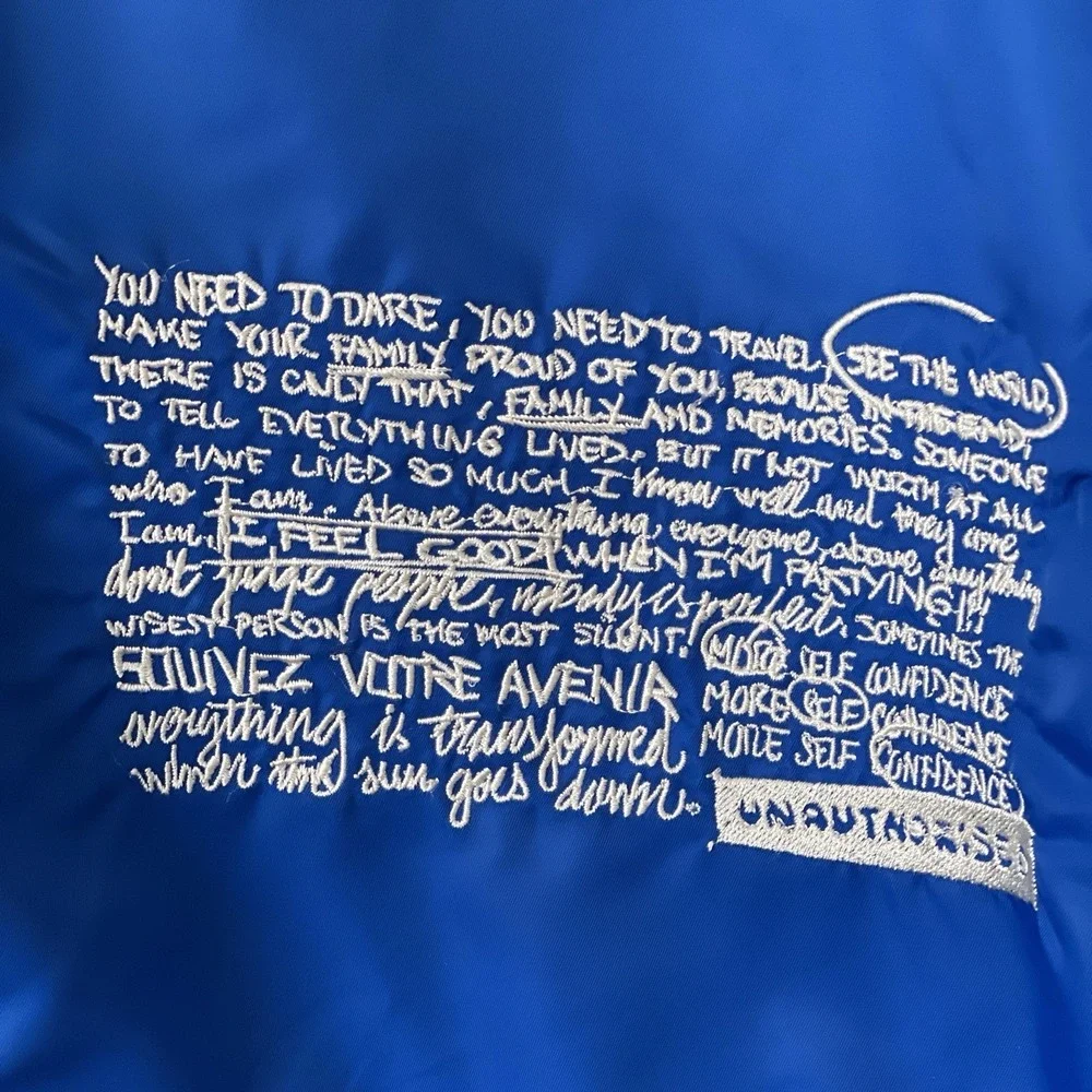 Zara Capturing The Essence Varsity Bomber Jacket Mens M Blue Graphics Academia